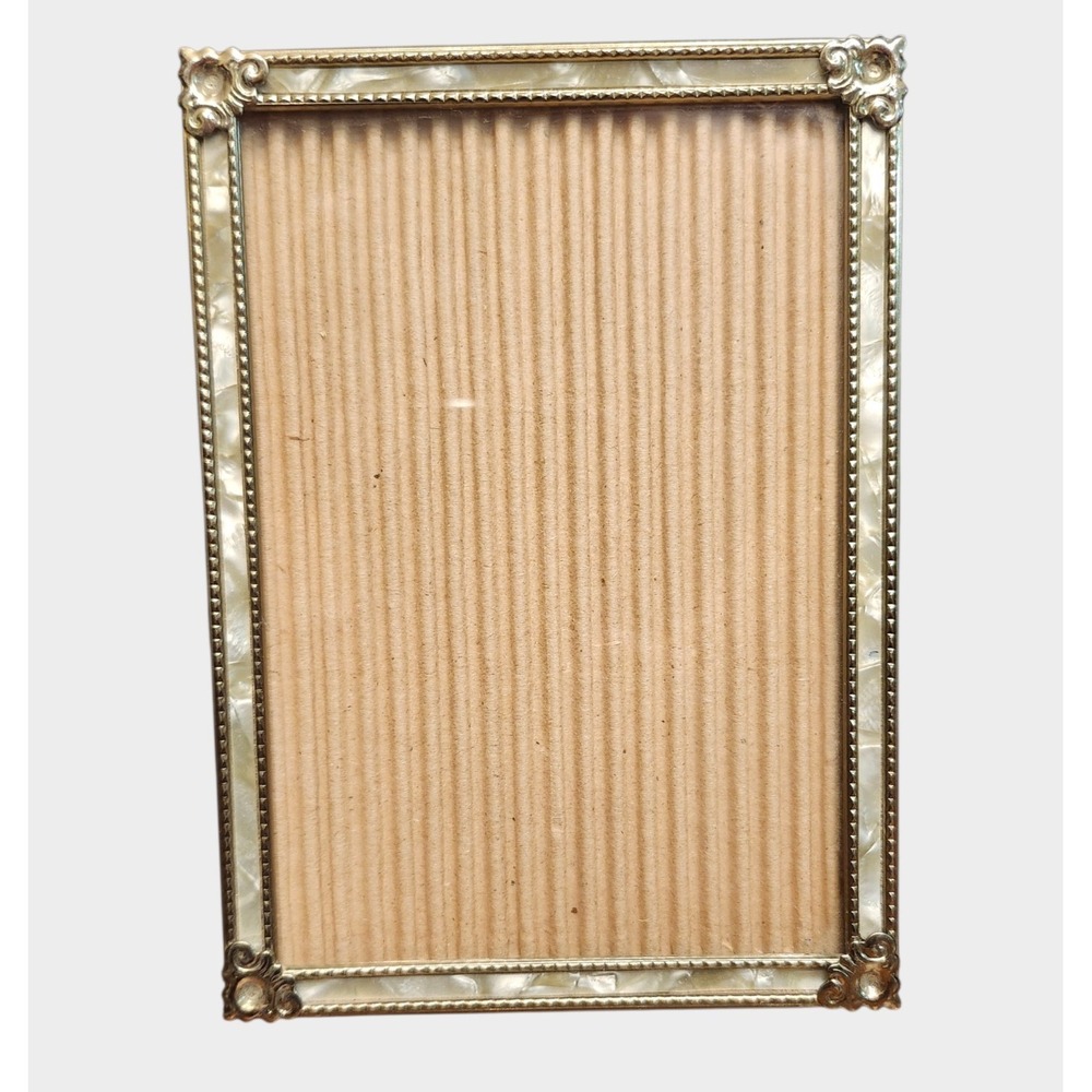 Vintage Mid Century Enameled Ornate Brass 5x7" Photo Frame Mother Of Pearl